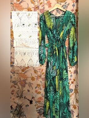 The Moon Green Tropical Leaf Wrap Sheer Maxi Dress